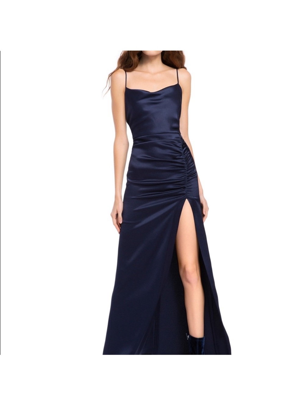 Alice + Olivia Black Satin Bias Slip Dress with Side Ruching and high slit.